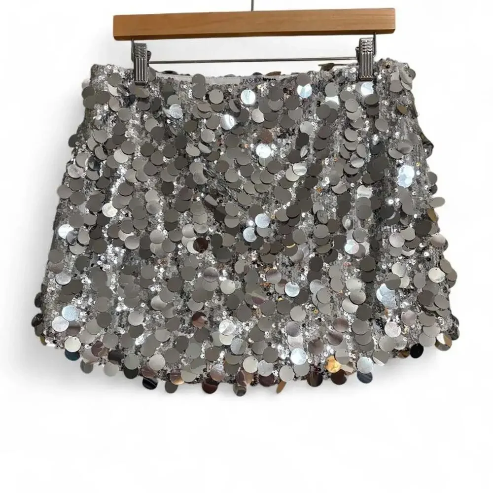 Fashion Nova Shiloh Metallic Corset and Sequin Micro Mini Skirt 2-Piece Set